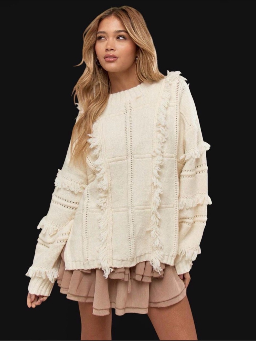 NWT Missguided Oversized Fringe Knit Cable Chunky Long Sleeve Sweater Size S